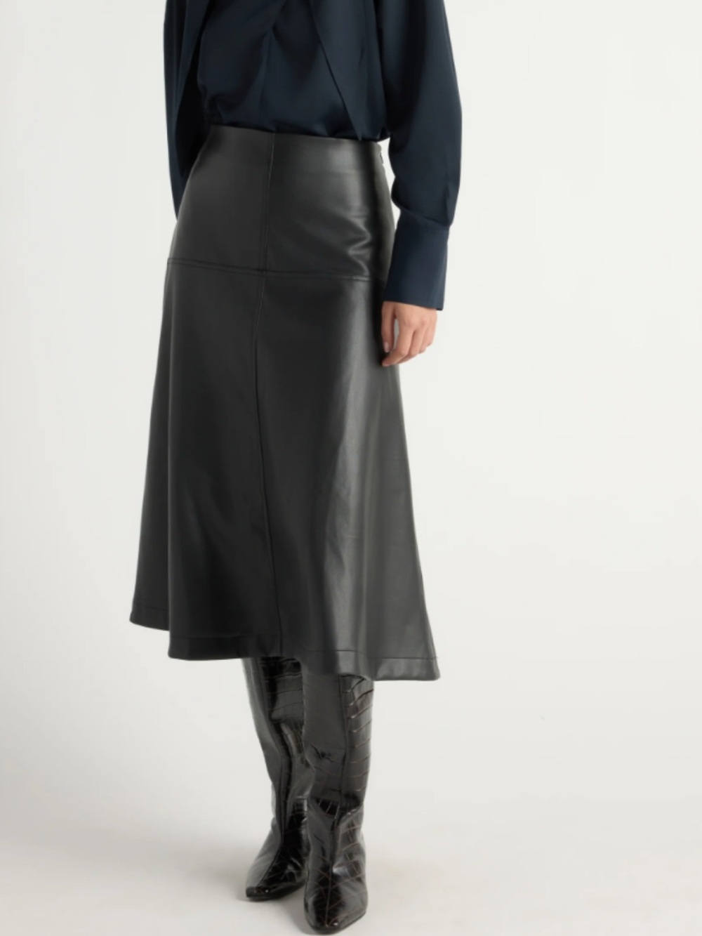 Vince Black Faux Leather Midi Flared Skirt
